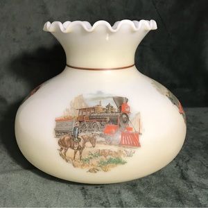 Vintage Lamp Shade Ruffled Milk Glass Train History Scenes 6.75” GWTW